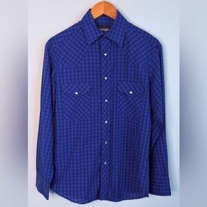 Wrangler Western Shirt Mens Blue Plaid Snap Button Long Sleeve Cowboy